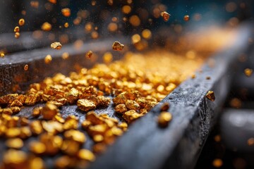 Close-up view of gold nuggets on a conveyor belt.