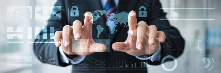 Businessperson interacting with a digital interface.