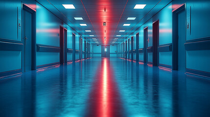 Fototapeta premium Red light in empty hospital corridor