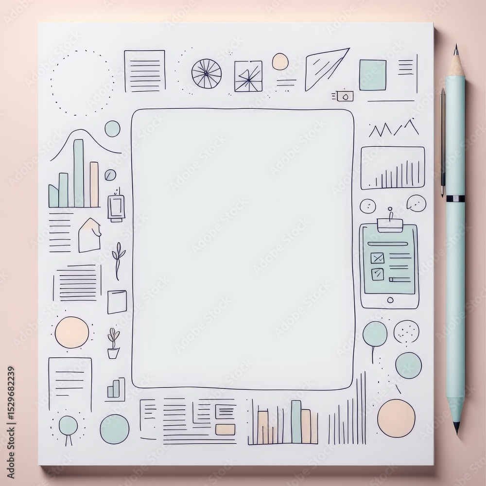 Poster digital tablet with blank notepad and business sketches on white background