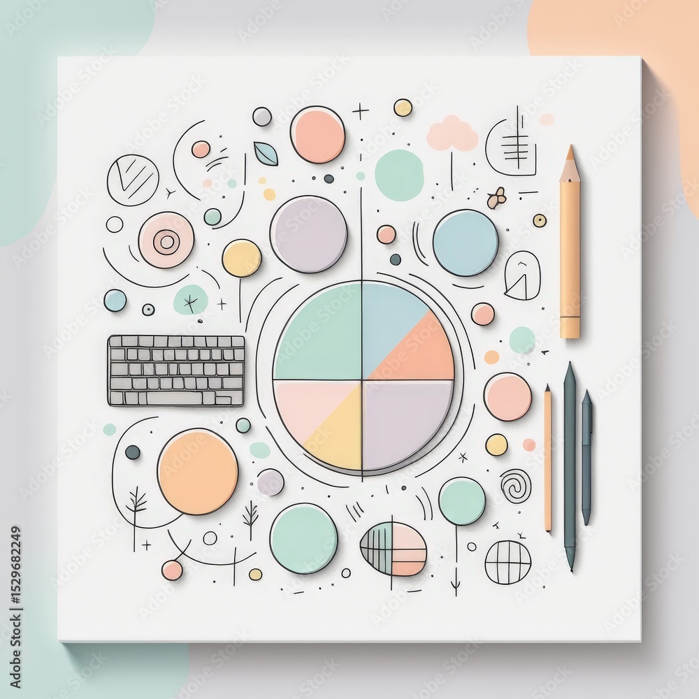 Poster colorful background with various elements and icons