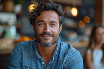 Obraz premium A cheerful man with curly hair sits at a cafe, radiating happiness and warmth, surrounded by a cozy atmosphere that invites connection and joyful moments with others.
