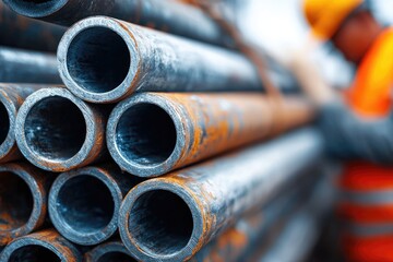 Close-up view of stacked metal pipes.