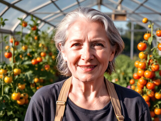 An elderly female gardener with gray hair stands in front of a greenhouse where tomatoes are growing.