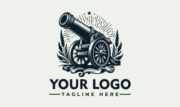 Detailed vintage cannon illustration firing with smoke and decorative stars. Historical weaponry concept