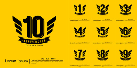 Set of 1st-10th years anniversary celebration emblem. congratulations anniversary logo isolated with ribbon and wing on yellow background. vector illustration template design for web