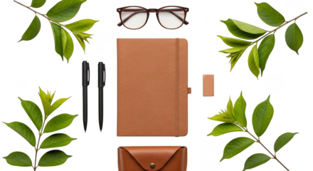 Flat lay of stationary with verdant foliage