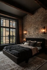 Dark, industrial bedroom with large window (2)