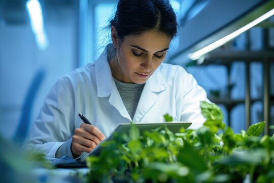 A female scientist meticulously documents plant growth data in a controlled environment laboratory setting.