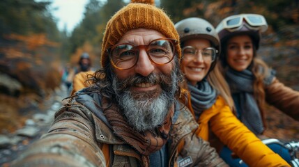 A joyful group of friends enjoys a scenic outdoor adventure in autumn, clad in vibrant jackets and cozy knitwear, amidst a backdrop of colorful leaves and natural beauty.