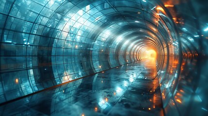 An immersive and visually striking tunnel scene, designed with glass-like textures and ambient lighting, creating an illusion of depth and futuristic exploration.
