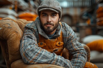 Fototapeta premium A stylish young man sits comfortably on a vintage chair, showcasing a cozy outfit that exudes a sense of relaxation and confidence in a warm, inviting setting.