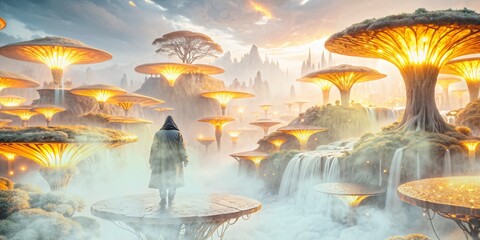 Golden mushroom landscape with magical light and waterfalls, as a robed wanderer explores a surreal fantasy world.
Dreamlike setting for sci-fi, fantasy, or escapist visuals.