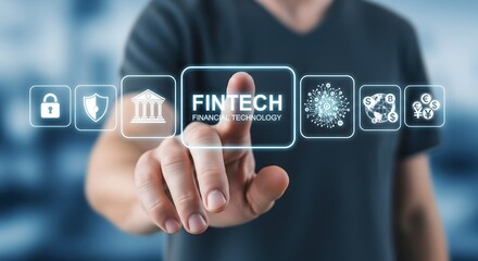 Fintech and financial technology concept. A person interacts with digital icons representing financial technology (Fintech), including security, banking, global transaction, innovation, digital money,