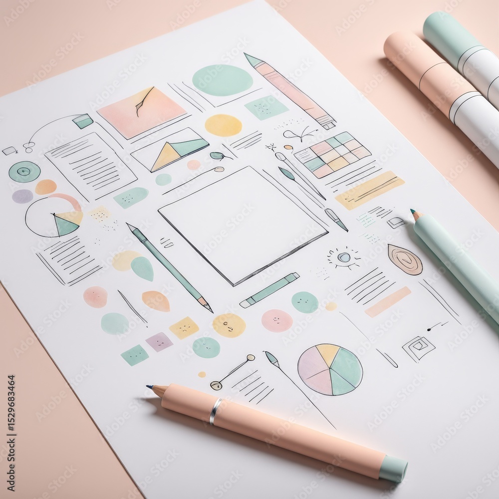 Poster flat lay composition with different stationery on color background