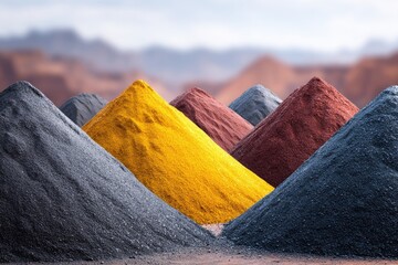 Piles of colorful mineral powder against a blurred desert landscape.