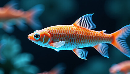 Naklejka premium Vibrant orange goldfish swimming gracefully in an aquarium with soft blue lighting 