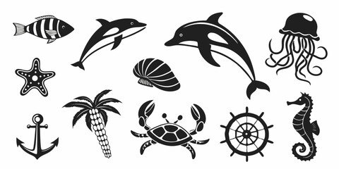 Floral vector set with flowers plants and nature elements in black silhouette style