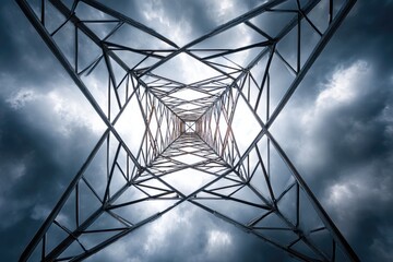 Metal framework of a tall tower against a stormy sky.