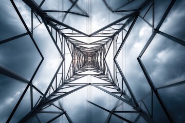 Upward perspective of a metal electrical pylon against a cloudy sky.