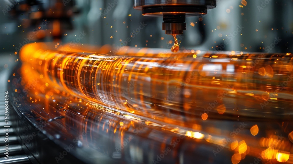 Poster a close-up view of a machining process where gleaming amber liquid flows while metal shavings twinkl
