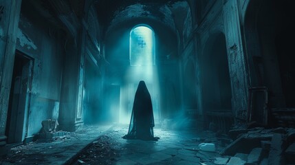 A haunting scene of an abandoned hallway illuminated by a beam of light, featuring a mysterious figure that evokes feelings of intrigue, fear, and the passage of time.