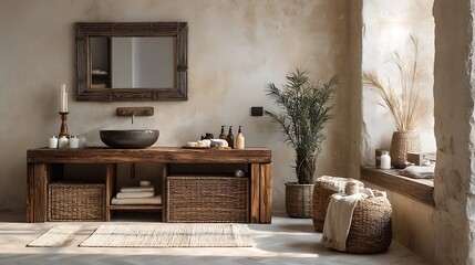 Aesthetic wabi sabi bathroom interior design in brown and white shades with solid oak and rattan furniture .