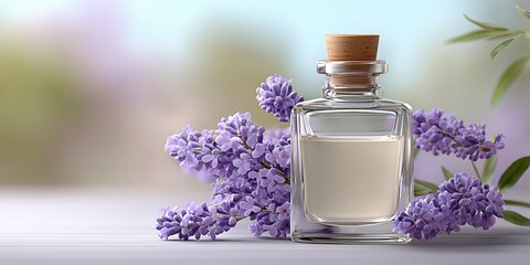 Lavender essential oil in clear glass bottle with fresh lavender flowers for relaxation and spa.
