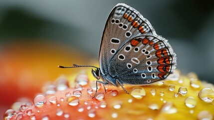 Close-up of a butterfly resting on dewy petals
