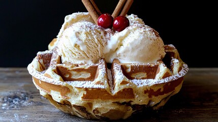 winter-themed waffle dessert dusted with powdered sugar to resemble snow, topped with eggnog-flavored ice cream and cinnamon sticks. Cranberry garnish adds festive color against a dark wooden 