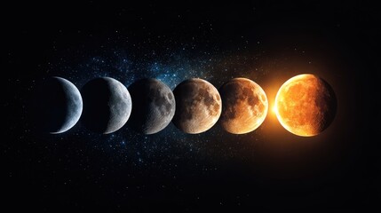 Lunar phases against a starry backdrop.