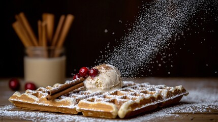 winter-themed waffle dessert dusted with powdered sugar to resemble snow, topped with eggnog-flavored ice cream and cinnamon sticks. Cranberry garnish adds festive color against a dark wooden 