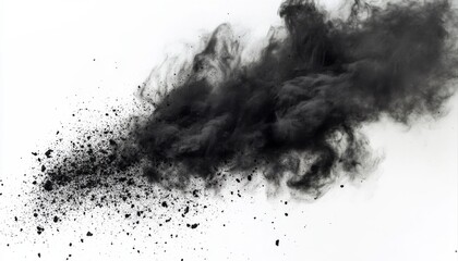Black Powder Explosion on White Background Close-Up