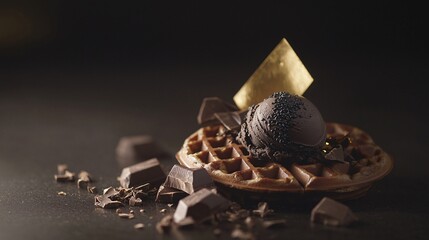 dramatic dark food photography shot of chocolate waffles with black sesame ice cream, gold leaf accents, and dark chocolate shavings. Moody lighting creates elegant shadows. dark food photography, 