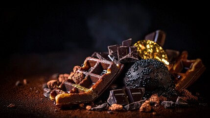 dramatic dark food photography shot of chocolate waffles with black sesame ice cream, gold leaf accents, and dark chocolate shavings. Moody lighting creates elegant shadows. dark food photography, 