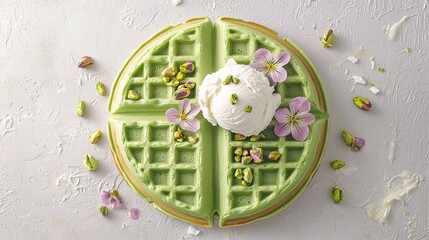 green matcha waffle with bright white coconut ice cream, adorned with edible flowers and pistachio crumbles. The pastel color scheme is soothing against a light gray background. matcha waffle, 