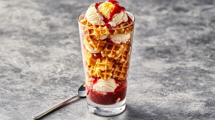 towering waffle and ice cream sundae in a tall glass, layering alternating waffle pieces and ice cream with strawberry sauce between each layer. A long spoon stands ready to dig in. waffle sundae, 