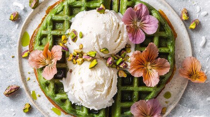 green matcha waffle with bright white coconut ice cream, adorned with edible flowers and pistachio crumbles. The pastel color scheme is soothing against a light gray background. matcha waffle, 