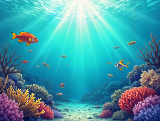 Naklejka premium Underwater scene, coral reefs, tropical fish, and sun rays piercing the water