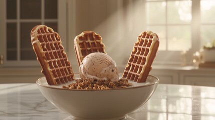 breakfast scene with crisp waffle halves standing upright in a bowl of milk, topped with a scoop of coffee ice cream and crushed biscotti. Morning light streams through nearby windows. waffle 