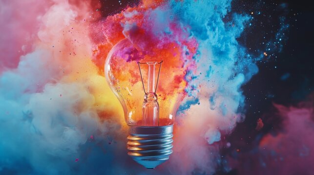 Creative light bulb exploding with vibrant colorful paint splashes symbolizing innovation, imagination, and breakthrough ideas in modern technology and design