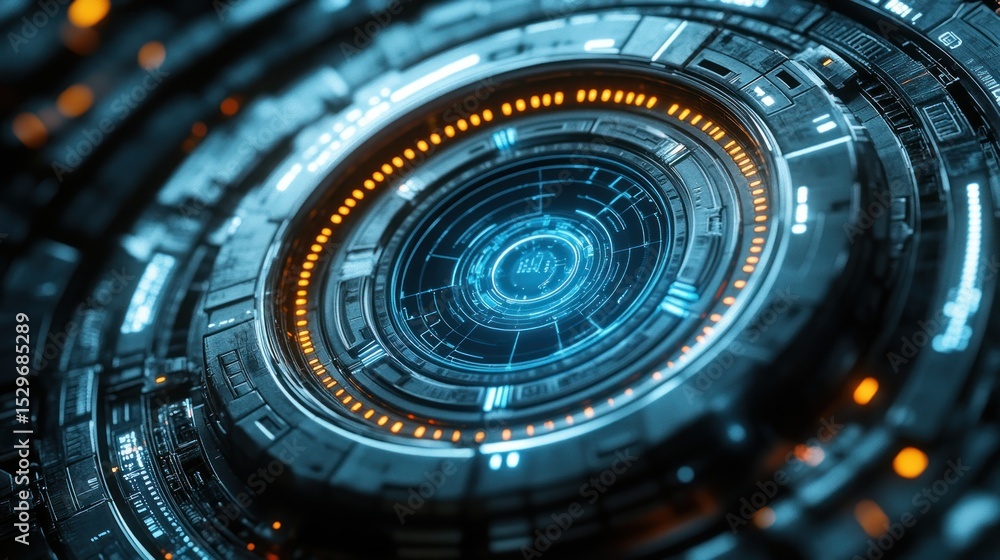 Poster close-up of a complex, circular, futuristic mechanism with glowing rings and a central display