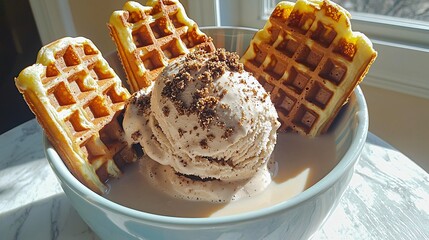 breakfast scene with crisp waffle halves standing upright in a bowl of milk, topped with a scoop of coffee ice cream and crushed biscotti. Morning light streams through nearby windows. waffle 