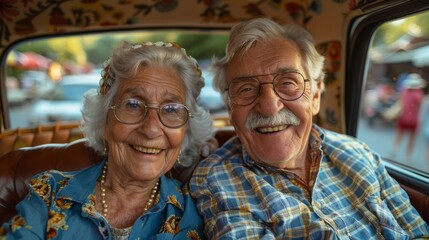 A joyful elderly couple smiles in a vintage car, reflecting on their shared adventures and cherished memories, embodying love, laughter, and the beauty of aging together.