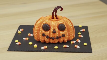 Halloween-themed waffle shaped like a pumpkin, with orange-colored ice cream and chocolate chip "face." Licorice strings create a stem, placed on a black slate with candy corn scattered around. 