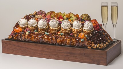 luxurious dessert board featuring mini waffles, assorted ice cream scoops, and an extravagant topping bar with sauces, fruits, nuts and candies. Champagne glasses sit nearby for a celebratory 