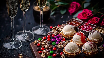 luxurious dessert board featuring mini waffles, assorted ice cream scoops, and an extravagant topping bar with sauces, fruits, nuts and candies. Champagne glasses sit nearby for a celebratory 