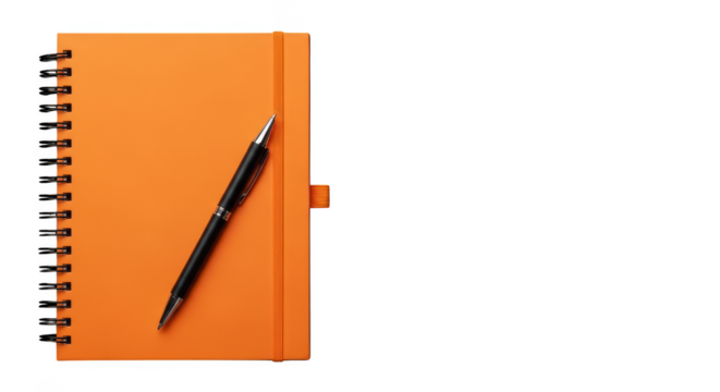 Orange notebook and pen lay ready