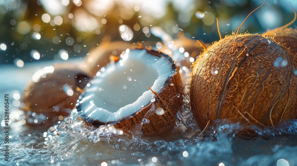 Aufkleber several coconuts burst open in the turquoise water, with droplets splashing around them, emphasizing