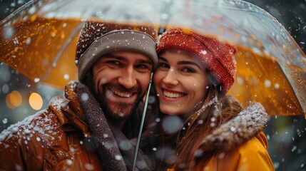 A smiling couple enjoys a snowy day together, holding a bright umbrella as snowflakes fall around them, creating a cozy and joyful atmosphere in the winter landscape.